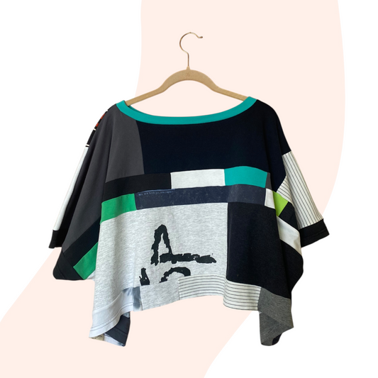 Patchwork Top #52 - Black / White / Grey / Blue / Green - Size Inclusive